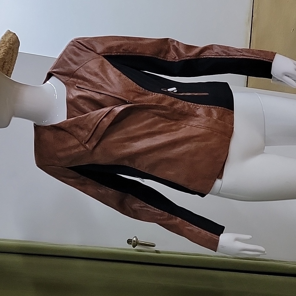 G by Giuliana Moto Jacket Asymmetrical Faux Snakeskin Brown & Black Full Zip